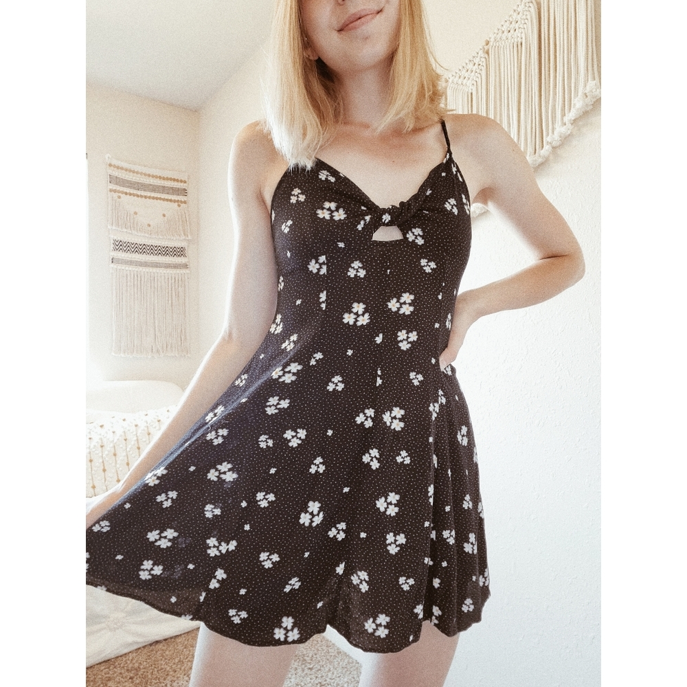 AE Black Floral Polka Dot Mini Twist Front Dress